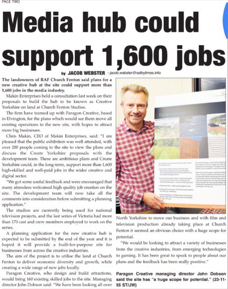 CreateYorks's tweet image. Welcome coverage in the @Selby_Times, reporting on our recent public exhibition and Create Yorkshire's potential to deliver high-value jobs for Selby.