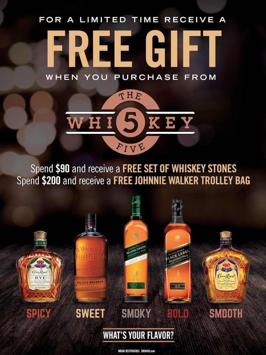 PBDutyFree's tweet photo. For a limited time receive a FREE gift when you purchase from The Whiskey Five! Spend $90 and receive a FREE set of whiskey stones. Spend $200 and receive a FREE Johnnie Walker trolley bag. #foundatpbdf #taxfree #dutyfree #whiskeyfive https://t.co/GVZuY1QTIE