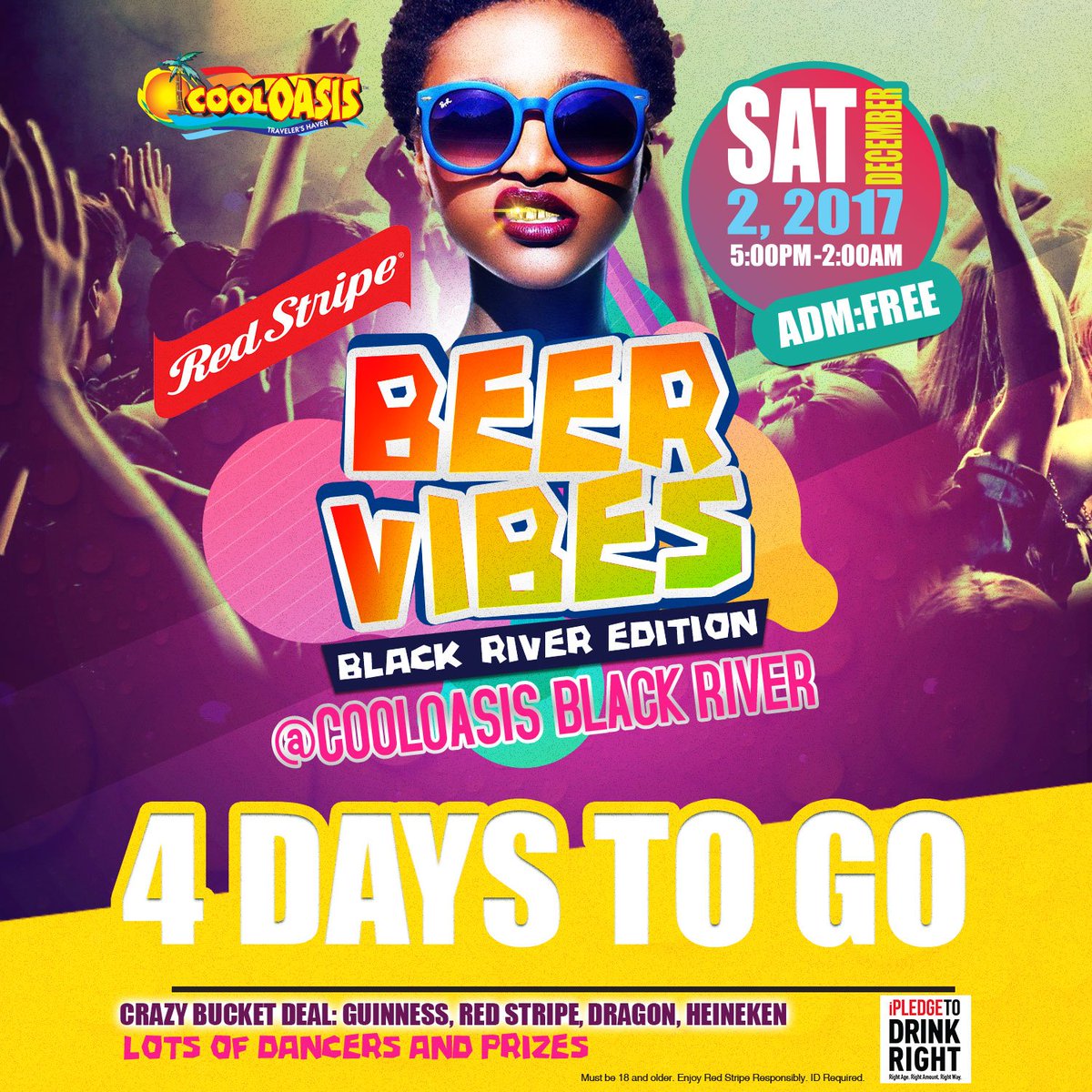 CoolOasisJM's tweet photo. 4 days until CoolOasis Black River Red Stripe Beer Vibes! Come out and enjoy CRAZY bucket deals! Admission: FREE! #CoolOasis #RedStripe #BeerVibes https://t.co/dqFSQYYSdf