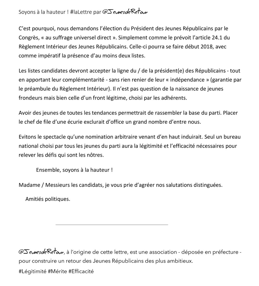 .<a href="/FloPortelli/">Florence Mosalini Portelli</a>, <a href="/laurentwauquiez/">Laurent Wauquiez</a>, <a href="/MaeldeCalan/">Maël de Calan 🇺🇦</a>, quel futur pour les Jeunes Républicains ? Notre lettre en faveur d'une élection, seule garante de la légitimité / efficacité / mérite du bureau ! #JeunesdeRetour