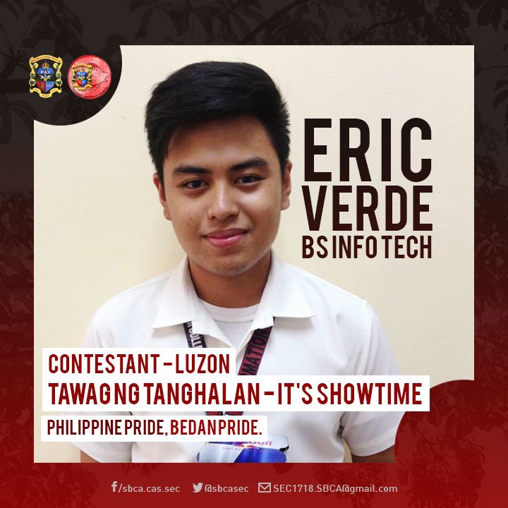 sbcasec's tweet photo. Support our very own Bedan Pride, Eric Verde as he takes the stage with his singing talent in today's episode of It's Showtime! 

Eric will be competing as a representative of Luzon in It's Showtime's segment, Tawag ng Tanghalan. https://t.co/n1UN3VkvbO