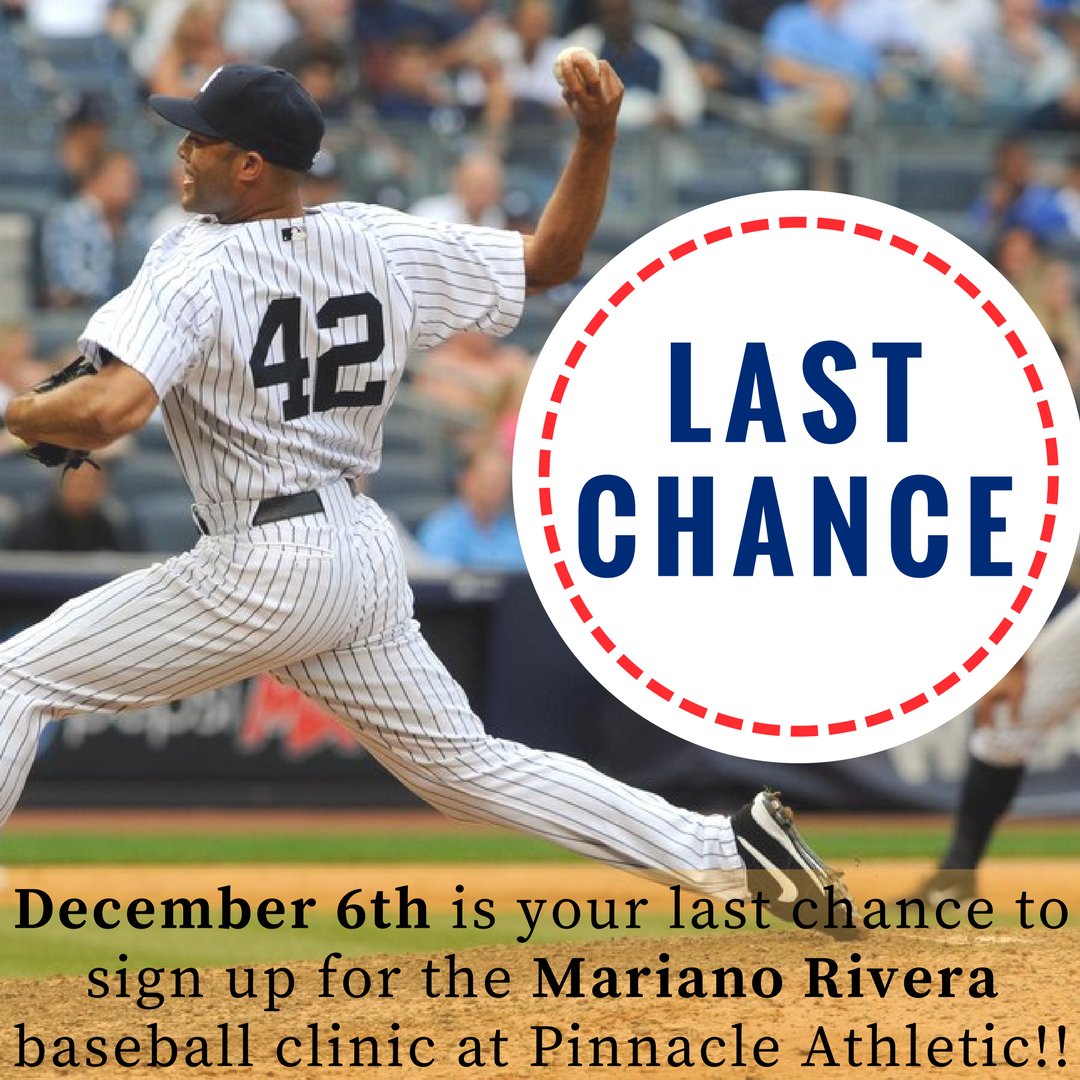 You have ONE MORE WEEK to sign up to train like a NY YANKEE! The <a href="/MarianoRivera/">Mariano Rivera</a> clinic <a href="/Pinnacle_Roc/">Pinnacle Athletic</a> is happening 12/9-12/10! Fine tune your pitching, hitting &amp; fielding skills with the best of the best! Get an autographed picture &amp; shirt! Sign up by 12/6! hubs.ly/H09jNZL0