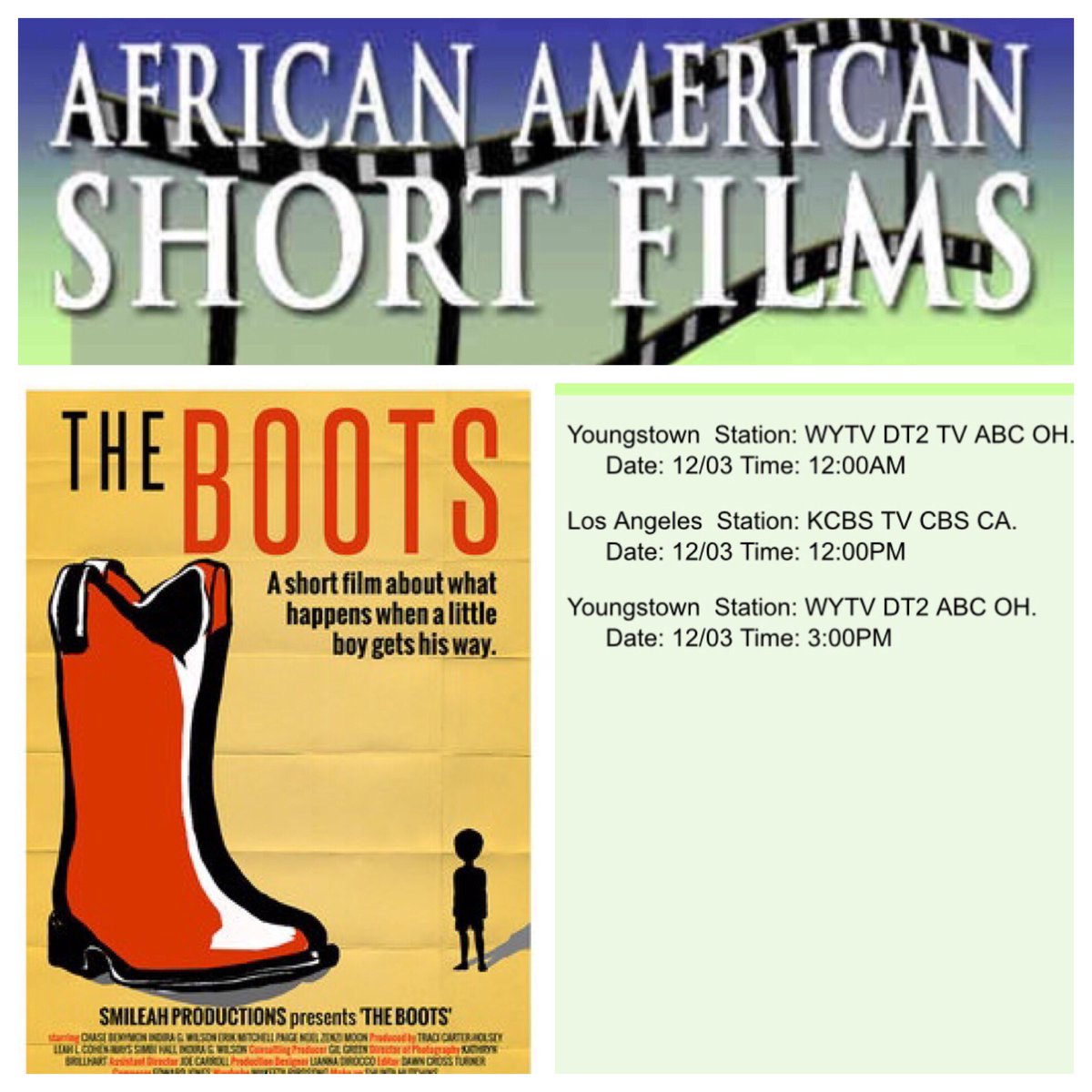 TheBootsFilm's tweet photo. @TheBootsFilm is back in Los Angeles this Sunday 12/3! And, we’ll be in Youngstown, OH too! 

Youngstown, OH WYTV DT2 TV ABC 12/03 12:00AM &amp; 3:00PM

Los Angeles, CA KCBS TV CBS
12/03 12:00PM

🎬❤️📺 

#thebootsfilm #comedy #shortfilm #family #hewespictures #badamitv https://t.co/IKDZK32VfB