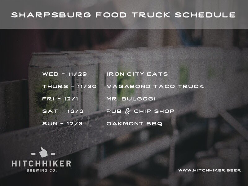 Here the Food Truck line up for Sharpsburg this week. <a href="/ironcityeats/">Iron City Eats</a> is here tonight and we still have cans for sale.