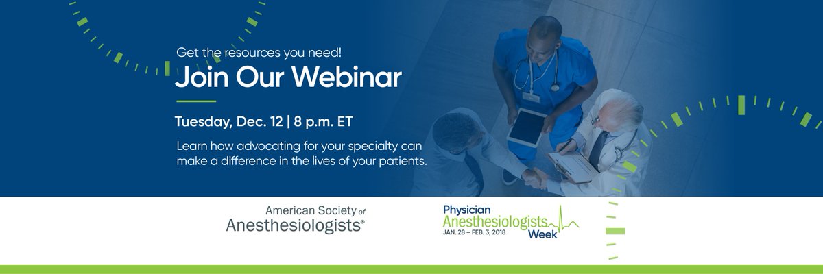 theresamcghill's tweet photo. We need you for Physician Anesthesiologists Week #PhysAnesWk18 - let everyone know that when seconds count, physician anesthesiologists save lives. Get the resources to participate in in your community.
Register for ASA's webinar Dec. 12 at 8 p.m. EST. https://t.co/Bnt0onRtuG https://t.co/eoTjgO1Opg