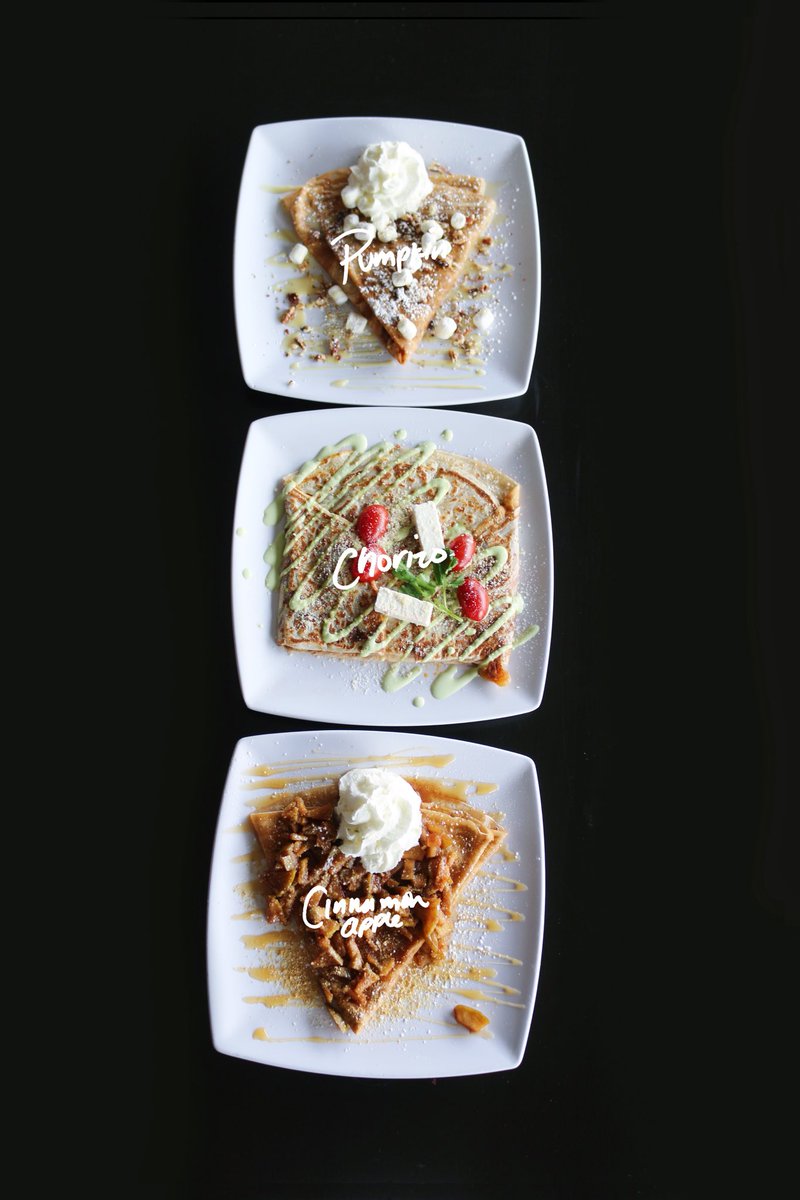 ColadosC's tweet photo. ‘Tis the season for new crepes! Fa-la-la-la-licious! —Seasonal #PumpkinCrepe New #ChorizoCrepe Seasonal #CinnamonAppleCrepe https://t.co/oaGkEt3oFY