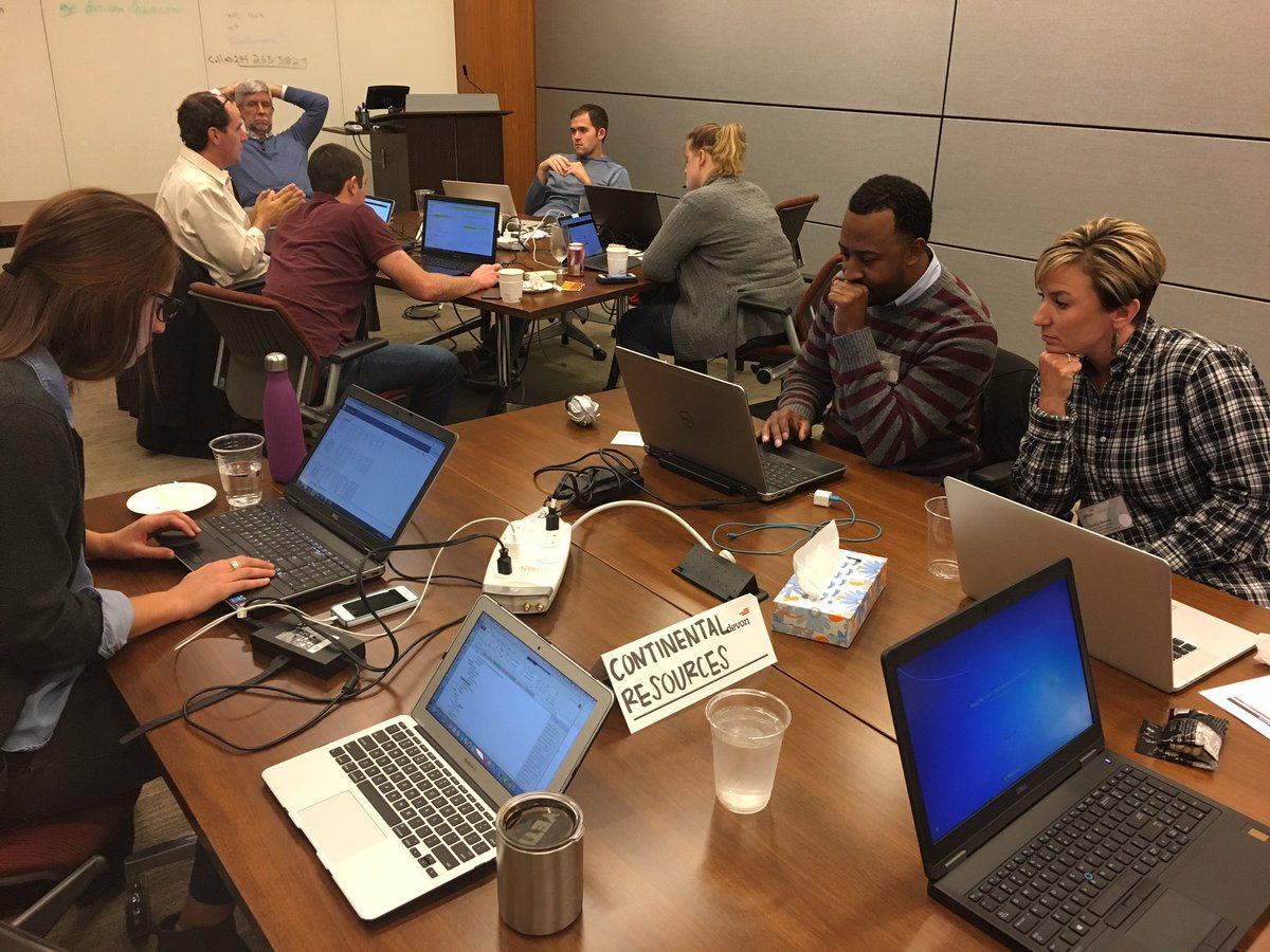 DevonEnergy's tweet photo. 20 teams are coding and collaborating for the top prize in the inaugural #dvnhackathon. Teams include the Chaos Monkeys, Continental, Hackapeake, Pioneer, Stranger Things, UCode Bro? and more. The competition is heating up to find the best solution for three industry scenarios. https://t.co/15qdDEZN0A