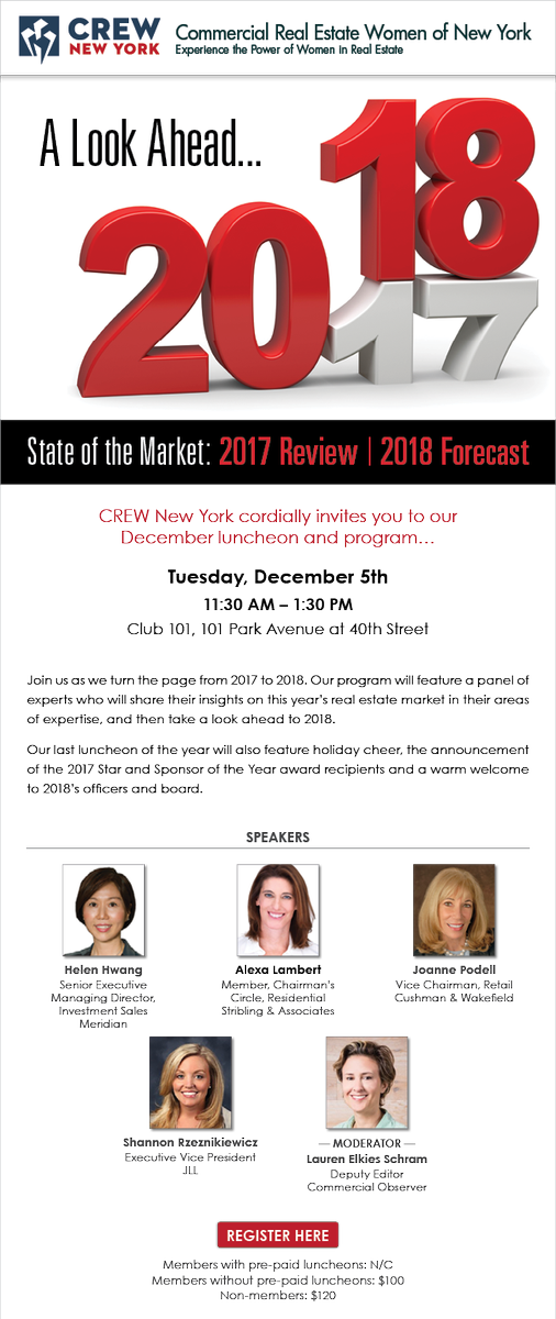 12/5 #HolidayLuncheon at #Club101
Featuring Joanne Podell <a href="/CushWakeRETAIL/">Cushman Wakefield</a> Alexa Lambert <a href="/StriblingNYC/">Stribling & Assoc.</a>  Helen Hwang <a href="/MeridianInvSale/">Meridian Inv Sales</a> Shannon Rzeznikiewicz <a href="/JLL/">JLL</a> and Moderator Lauren Elkies Schram of <a href="/commobserver/">Commercial Observer</a> 
bit.ly/2AdgXkM