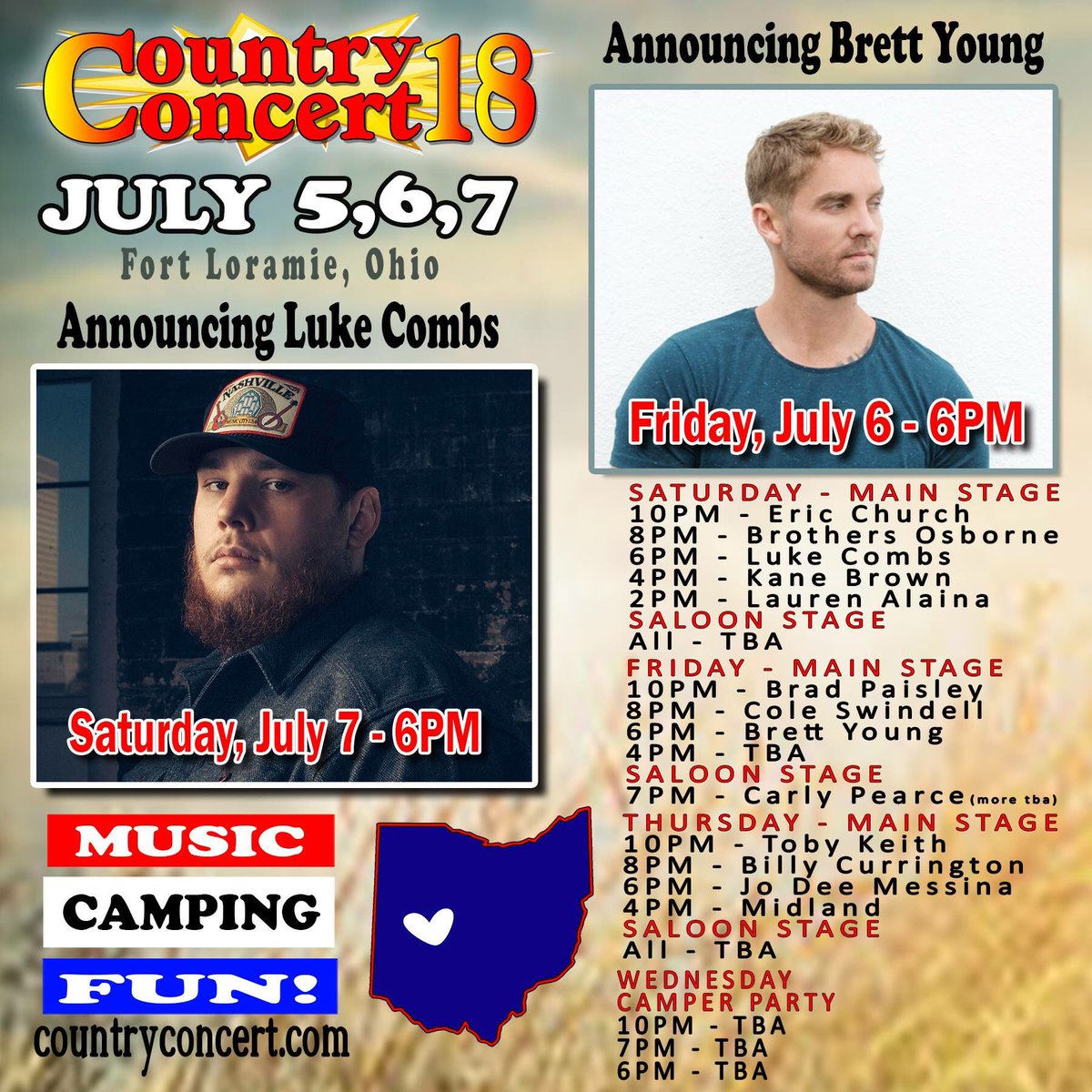 #Boom 👀who’s heading to FT Loramie RT if you’ll be singing along w/🔥HOT @LukeCombsMusic &amp; <a href="/BrettYoungMusic/">Brett Young</a> 🎸😎🍻at #CountryConcert18