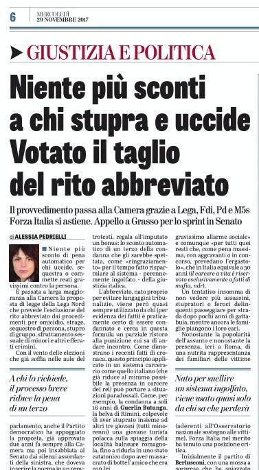 _alpedrielli's tweet photo. Sconti di pena, originali convergenze: Pd con la Lega e FI con Mdp. La modifica passa alla Camera: niente più abbreviato per chi uccide @NicolaMolteni @EliAl73 #Vittime @unavi @LaVeritaWeb https://t.co/IyBziw2vSf