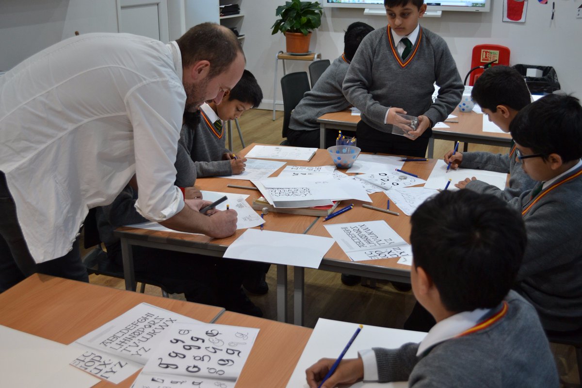 BuckinghamPrep's tweet photo. #StephenWalter helps #Year6 create fonts for a #London #borough of their choice. Some of today's taglines include 'You have to row in #Harrow' and 'Stand more in #Stanmore' 😆 #font #typeface #Art #design #artistvisit #symbol #identity #representation #shape #line https://t.co/OIVf1T9PS6