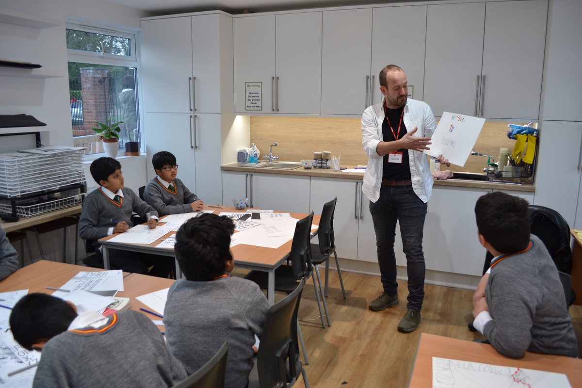 BuckinghamPrep's tweet photo. #StephenWalter helps #Year6 create fonts for a #London #borough of their choice. Some of today's taglines include 'You have to row in #Harrow' and 'Stand more in #Stanmore' 😆 #font #typeface #Art #design #artistvisit #symbol #identity #representation #shape #line https://t.co/OIVf1T9PS6