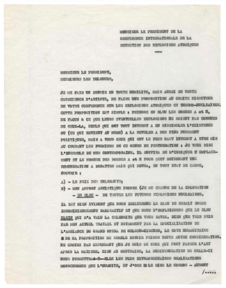 mathieucenac's tweet photo. 📑 When Yves Klein suggested to paint all the atomic bombs with IKB 🚀 #artagainstwar #poetryeverywhere #yvesklein #NorthKorea @RealDonad_Trump https://t.co/VS4B18Rlqq