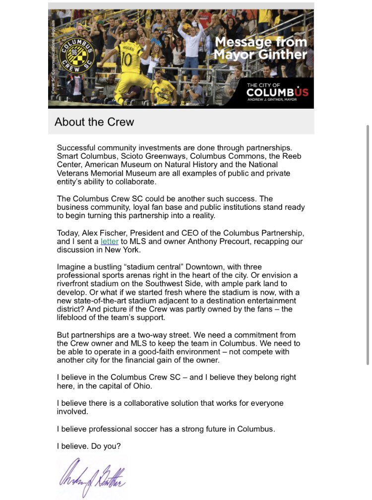 danpearlman's tweet photo. MORE CREW SC NEWS: Mayor Ginther just sent this email, regarding the city’s efforts to #SaveTheCrew. https://t.co/cEoUVjvfvY