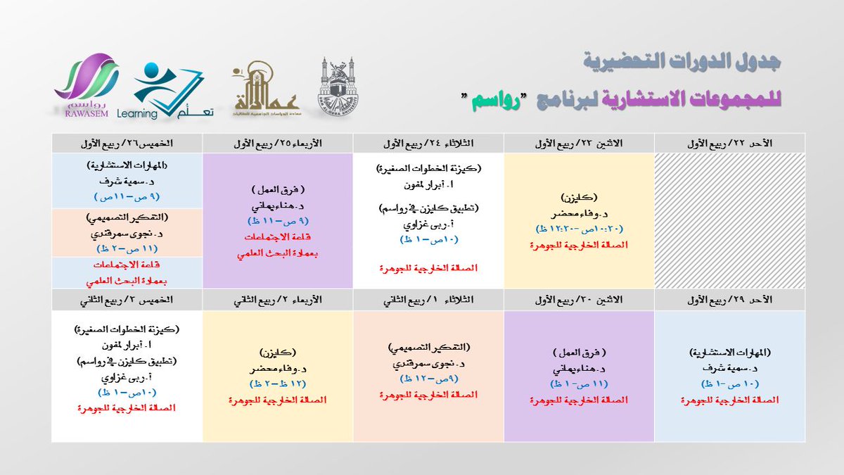 تم تعديل بعض مواعيد الدورات التدريبية للمجموعة الاستشارية في برنامج #رواسم
للاطلاع..
#UQU
#جامعة_أم_القرى #RAWASEM_UQU pic.x.com/xrG1iM6cPl