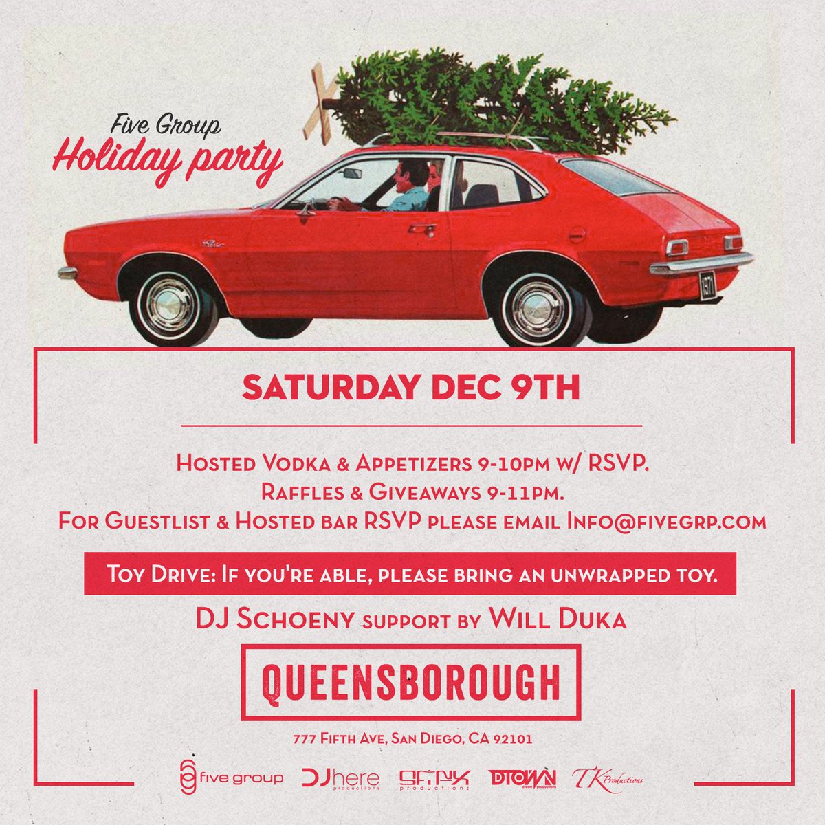 DJhereSD's tweet photo. Ho Ho Ho! @fivegrp Holiday Party is going down next Saturday, December 9th! 🌲🎅🏻🎁 
RSVP for passed apps and hosted vodka bar now 👉 e-mail info@fivegrp.com https://t.co/PWs9is9n5W