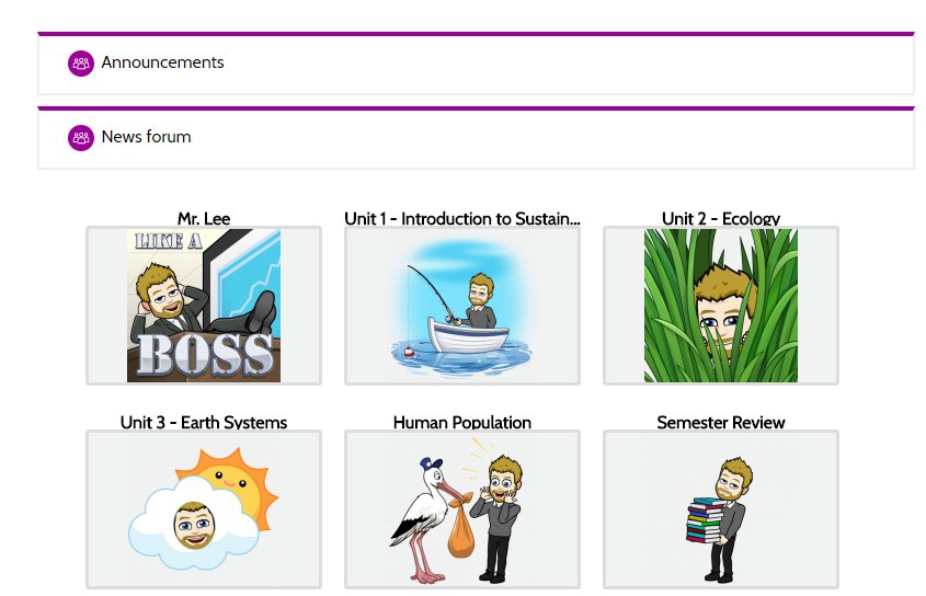 MrLee_Science's tweet photo. A screenshot of my moodle. I re-formatted my page to make it easier for students to find material from previous units... and I had fun finding bitmojis to put on each unit #BHSunitofstudy #raidergold https://t.co/A9a8OLIRT6