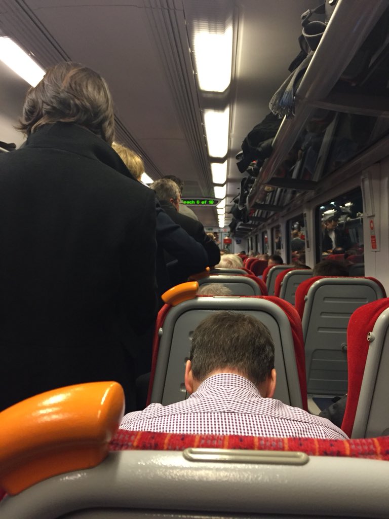 wimbo1969's tweet photo. @SW_Help 18.05 absolutely rammed & then you tell us it’s additionally stopping at Woking. Guess what? It’s like a cattle truck now. Wonder how late we’ll be as well. 10 mins every journey this week. Not really an improvement from the old days is it? #secondrateservice. https://t.co/ROhD0LFurS