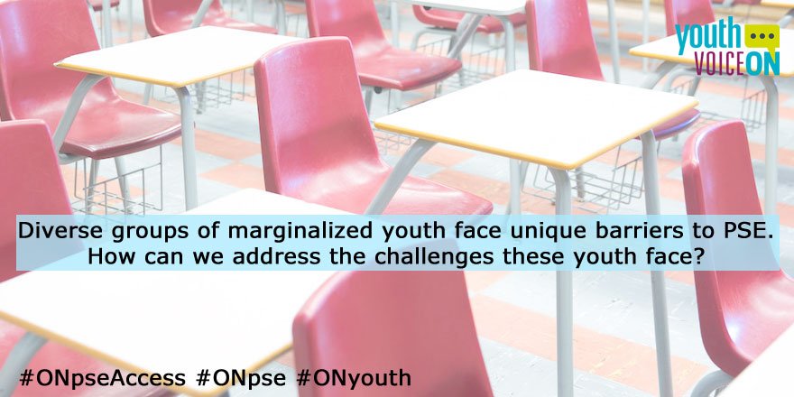 YouthVoiceON's tweet photo. Diverse groups of marginalized youth face unique barriers to PSE. How can we address the challenges these youth face? #OnPSEaccess #ONyouth #WednesdayWisdom https://t.co/IY6tBh66au https://t.co/w3S58xgTKi