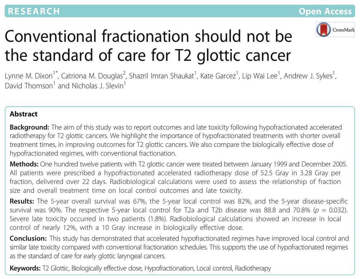 HoAssaf's tweet photo. T2 #glottic #cancer
New #paper suggest better LC with hypofrac
In T2 glottic :
Choose how you want to be wrong ?
1. 70 Gy / 35
2. 52.5 Gy/16 or 50/20
3. CCRT !
#radonc
https://t.co/cM2bAVwEP4 https://t.co/cN7vq0h4O6