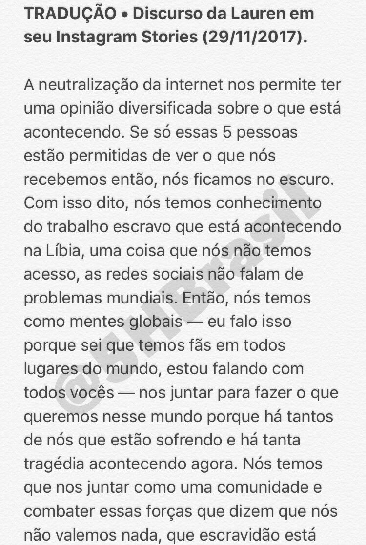 5HBrasil's tweet photo. TRADUÇÃO • VOCÊS QUEREM LACRE? Discurso da Lauren em seu Instagram Stories (29/11/2017). 

Proud of you, @LaurenJauregui! https://t.co/VstKcEsIjt