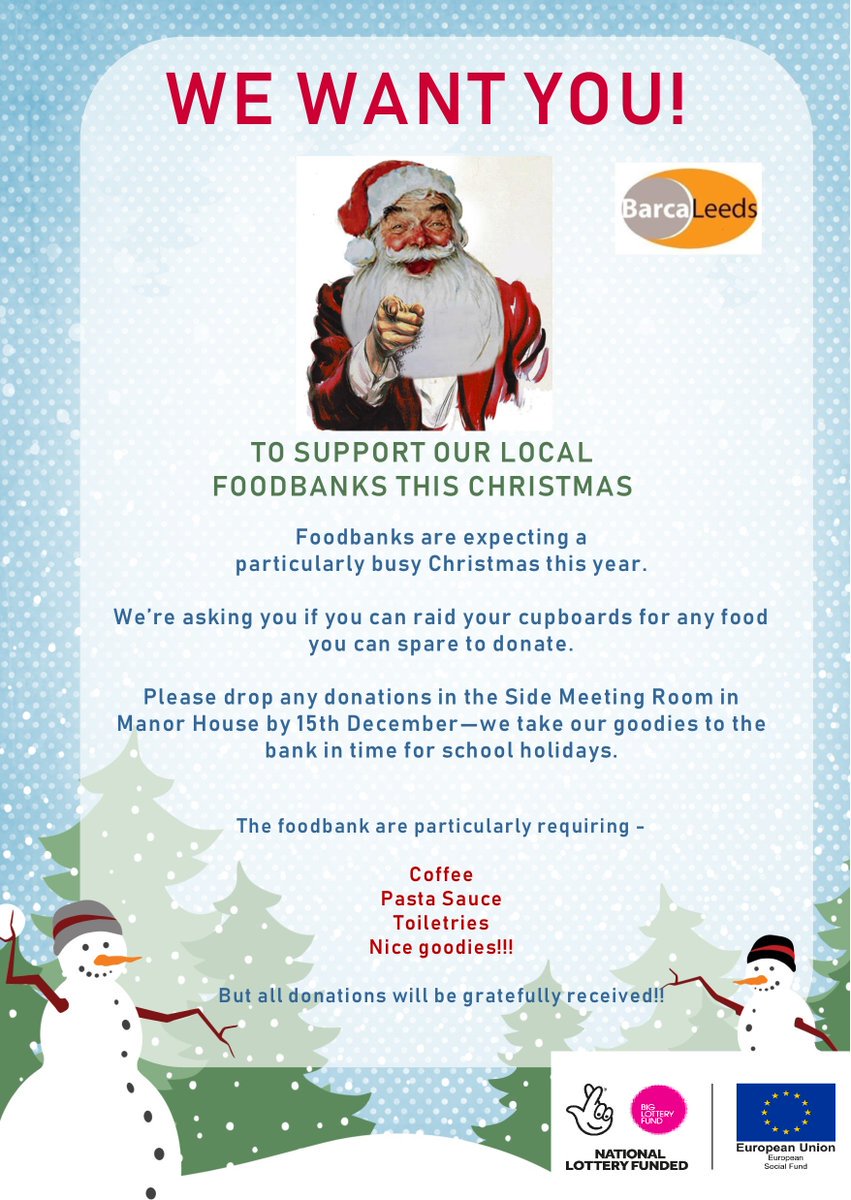 BARCALeeds's tweet photo. We really admire the work of Food Banks @north_leedsfood ... so have decided to help by asking our staff teams to bring in goodies that will benefit families this Christmas. @Child_Leeds @bramleybaths @StrongerfamsLB https://t.co/ktmswTVktb