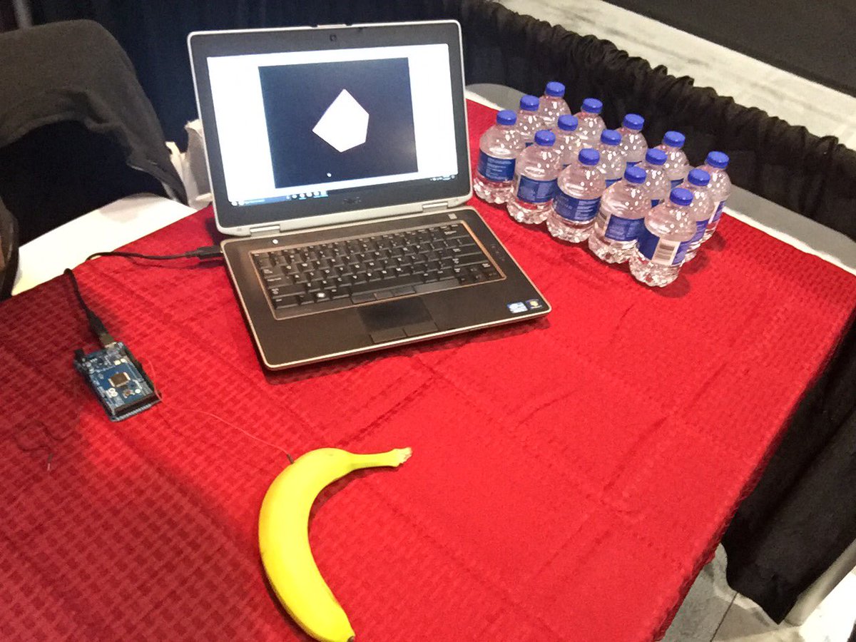RadJavXRJ's tweet photo. We turned a banana into an IoT device that connects to our 3D engine using RadJav! Come check us out at the Blockchain Expo in Santa Clara. We're at stand 526. #blockchain #ico #blockchain_expo #banana #iot #BetterThanBitcoin https://t.co/YGkUnax3f7