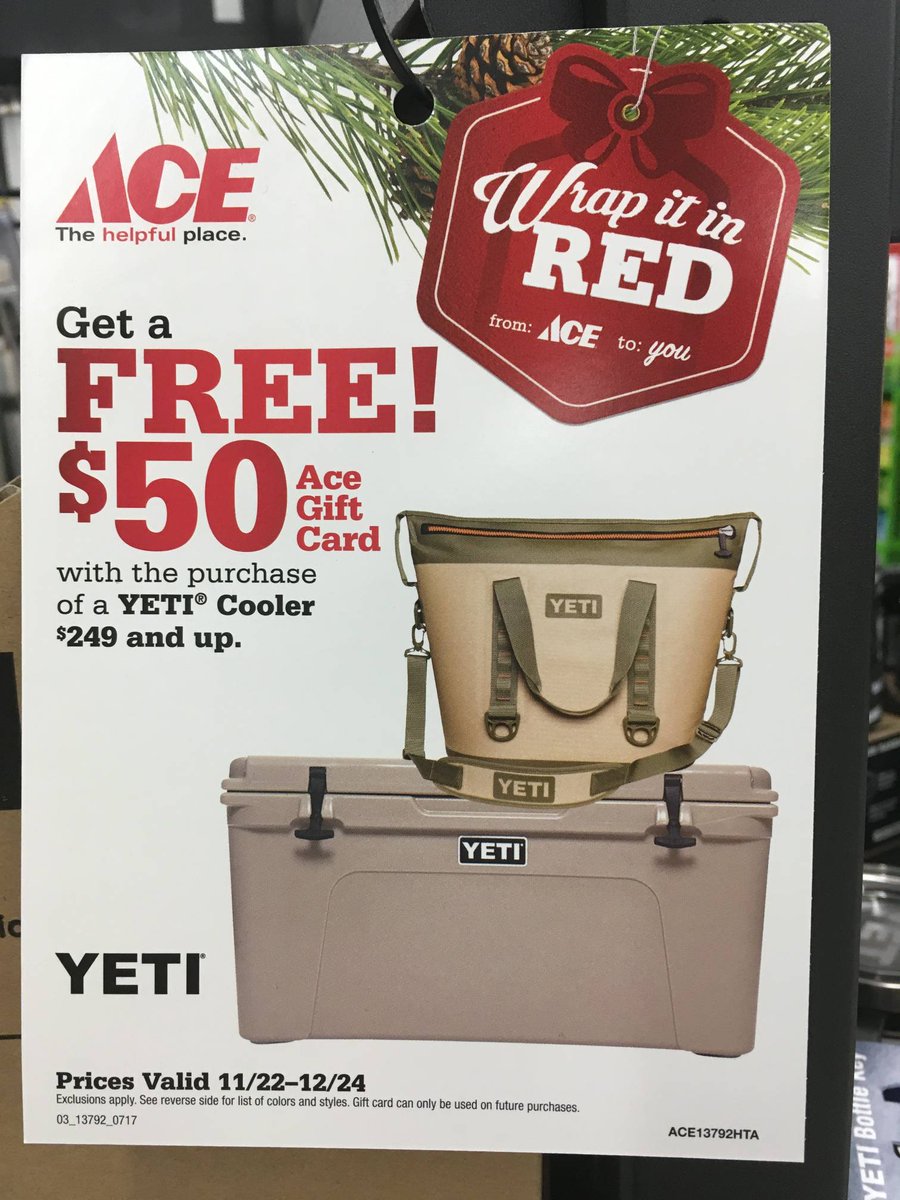 RomeAceHardware's tweet photo. Get a free $50 Gift Card at #RomeAceHardware with the purchase of a #YetiCooler $249 and up. It's like two gifts in one! #AceIsThePlace #RomeIsHome #WrapItInRed https://t.co/cuiWaj8hIo