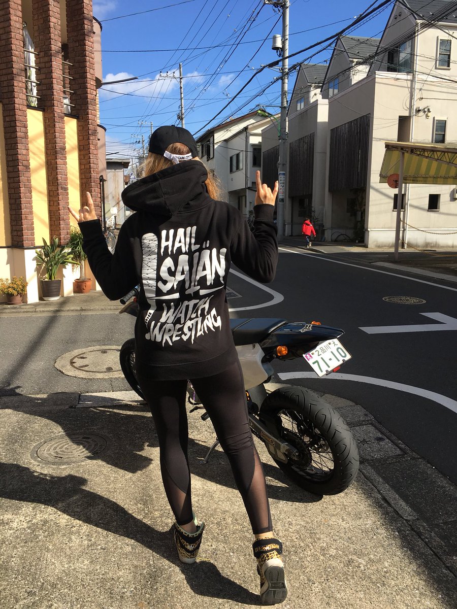 IntoAbsence's tweet photo. .@HeidiKatrinaa wearing #HailSatanWatchWrestling in Japan🇯🇵 Hoodies sold out but limited tees still available at https://t.co/z1WFzlqgyr! #IntoAbsence https://t.co/VuDYQH8GGB