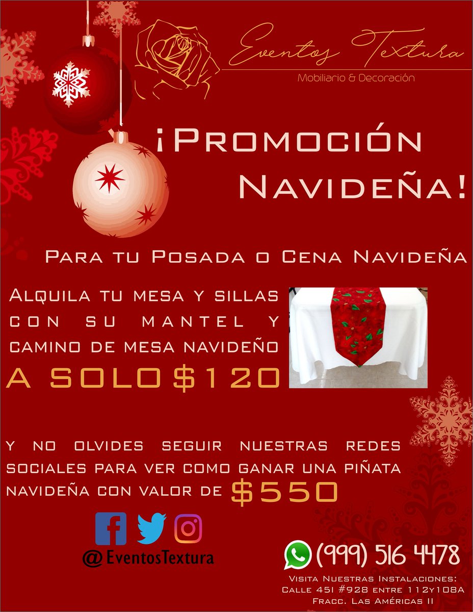EventosTextura's tweet photo. ¿Listos para las fiestas decembrinas? 🎄🎅🤶

¡Renta tus mesas y sillas con nosotros y te incluimos el camino de mesa navideño! 

¡No olvides seguir nuestras redes sociales para enterarte de como te puedes ganar una piñata con valor de $550! https://t.co/EB1WfjjRg9