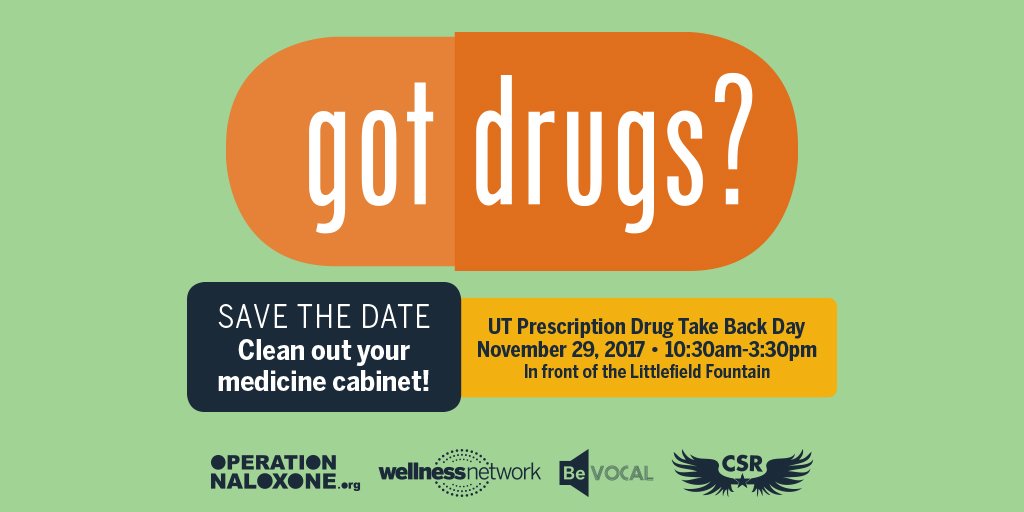 UTAustin's tweet photo. It’s #UTDrugTakeBackDay! Help stop pill theft & misuse by dropping off expired, unused or unwanted meds at the Littlefield Fountain, now until 3:30pm https://t.co/22tigi8Yp6 https://t.co/75xdU8gOU4