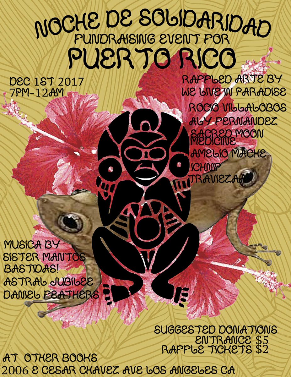 primafund's tweet photo. LOS ANGELES! Check out this event @otherbooksla on Friday Dec. 1. Proceeds benefit @primafund Thanks for the solidarity! 🖤🇵🇷🎶🙏🏼 https://t.co/JZObYSL6Wu #primafund #puertoricselevanta #PuertoRicoRelief #artasactivism https://t.co/Tlg3Kj4DUJ