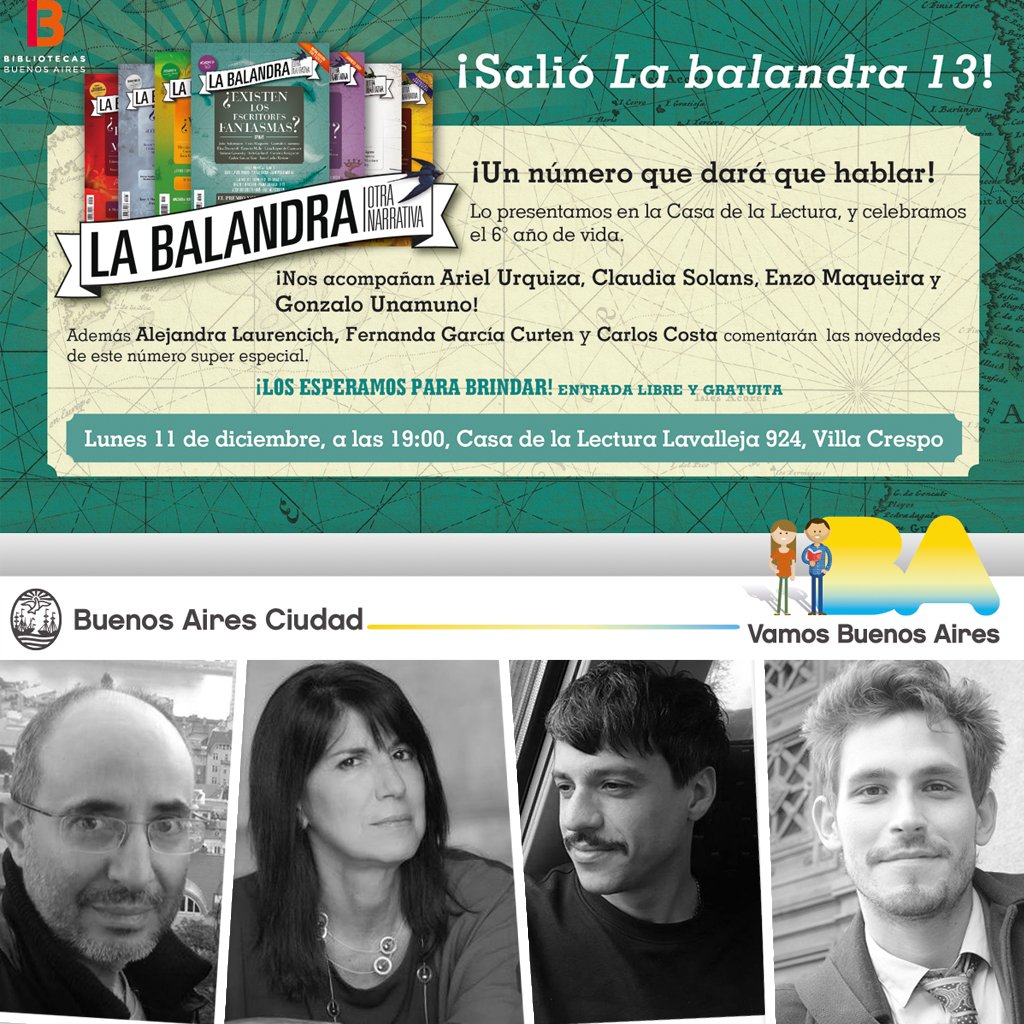 <a href="/_arielurquiza/">Ariel Urquiza</a>, Claudia Solans, <a href="/EnzoMaqueira/">Enzo Maqueira</a> y <a href="/UnamunoGonzalo/">Gonzalo Unamuno</a> son los invitados especiales que nos acompañarán en nuestra gran fiesta aniversario en la #CasadelaLectura. ¡Vengan a conocerlos y brindar con el Staff!
🖱 bit.ly/2i2Jxe1
CC: @ bibliotecasBA