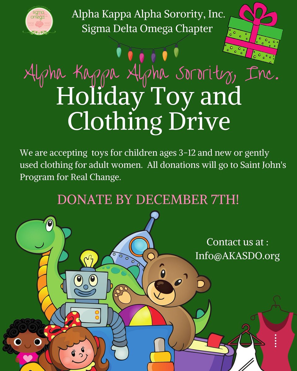 SDOAKAs's tweet photo. Holiday Toy & Clothing Drive. We are collecting items though, December 7th. #AKAsDo #FamilyStrengthening https://t.co/PIZrK83fzH