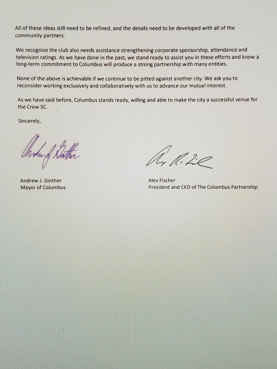 YellowNatArmy's tweet photo. The letter from Mayor Ginther and the Columbus Partnership to Don Garber and Anthony Precourt. @FS1 should be discussing this throughout match coverage tonight and @AlexiLalas better be asking pointed questions to the Commish.

#SaveTheCrew https://t.co/XHJnHKVrJZ