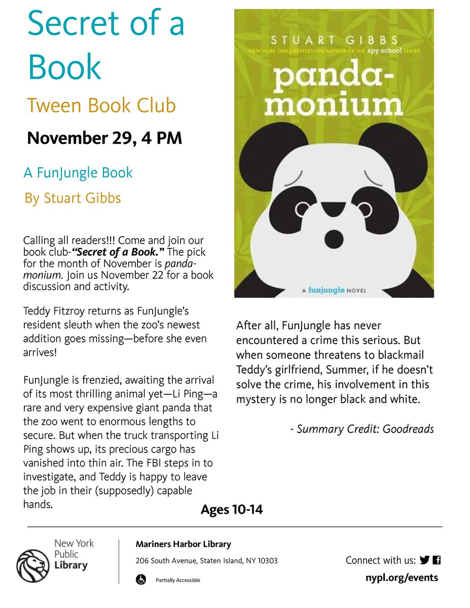 myharborNYPL's tweet photo. Let's chat about Panda-monium by @AuthorStuGibbs at Secret of a Book! 4 PM *Ages 10-14 #tweenbookclub #tweenlibrary https://t.co/svo2xePijU