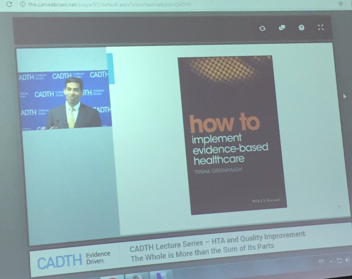 stephanie5878's tweet photo. .@IrfanDhalla: T. Greenhalgh’s book on implementing evidence-based healthcare highlights the inherent complexity &amp; importance of “contextual judgements” #CADTHTalks https://t.co/NVMgNiDKq7