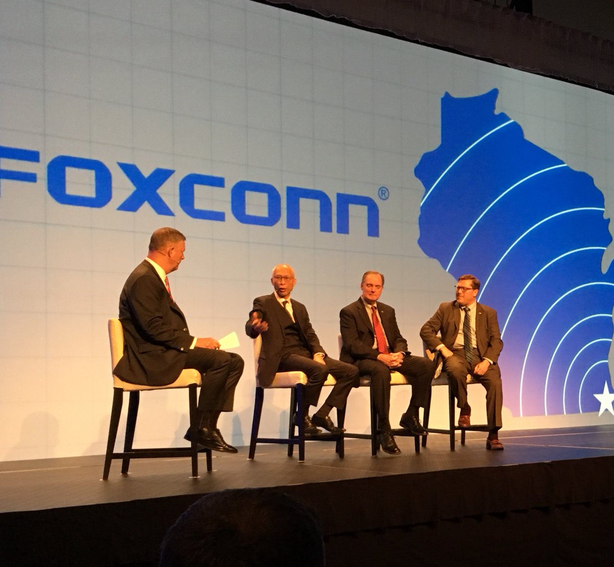 WisconsinDOA's tweet photo. Secretary Neitzel, @WEDCNews Secretary Hogan, and Louis Woo of #Foxconn discuss the powerful impact of the $10 billion investment and 13,000 jobs for Wisconsin during the @WisconsinMC #FutureWI Summit.  #WIWorking https://t.co/qe0g75VVIj