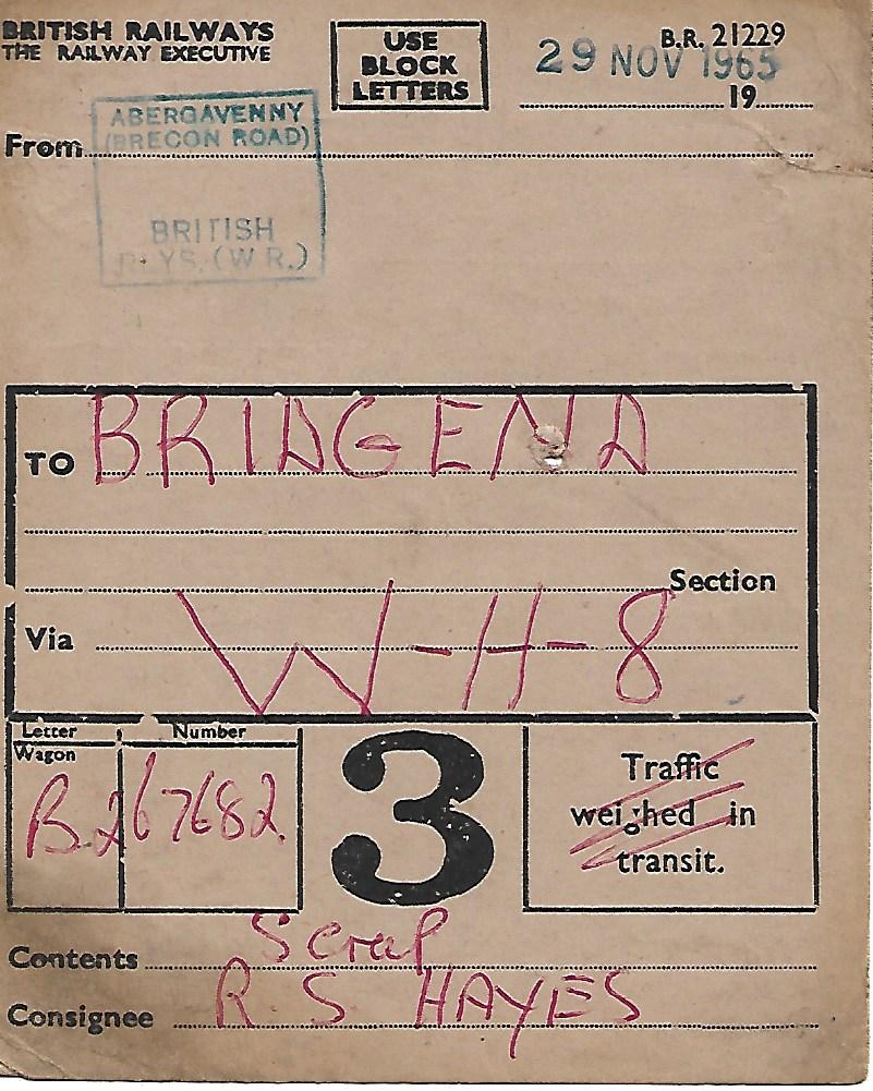 SalopianLyne's tweet photo. #RailwayWagonLabelaDay No.1120 : 29th November 1965 Scrap Metal in 16T Mineral Wagon B267682 from Abergavenny (Brecon Road) to Bridgend for R.S.Hayes #Railfreight #WagonLoad #BritishRailways #MarchesLine #WelshRailways https://t.co/ow4X5QaSaF