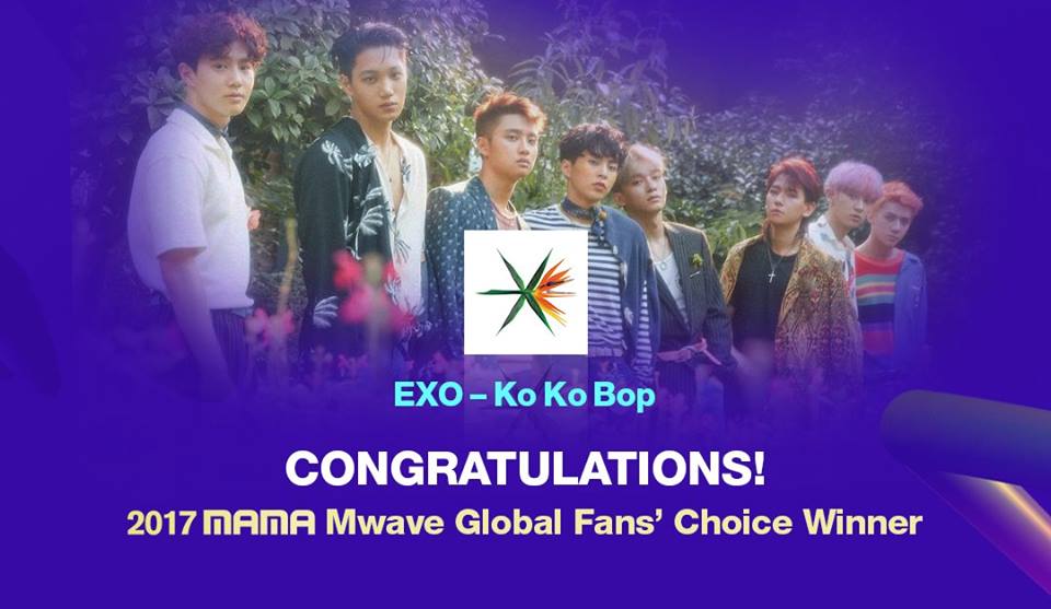 DOKyungsoo_Fr's tweet photo. [TWITTER] 171129 #EXO @ Mise à jour de Mwave.
"Gagnant 2017 MAMA Mwave Global Fans' Choice 
🎉 FELICITATIONS!!!!! 🎊
EXO - Ko Ko Bop
#2017MAMA #Mwave #MMusicChart #EXO #엑소 #마마"
Cr: OfficialMwave | Trad: ~PororoGirl - DOKyungsoo_Fr https://t.co/2EofPBm3bg