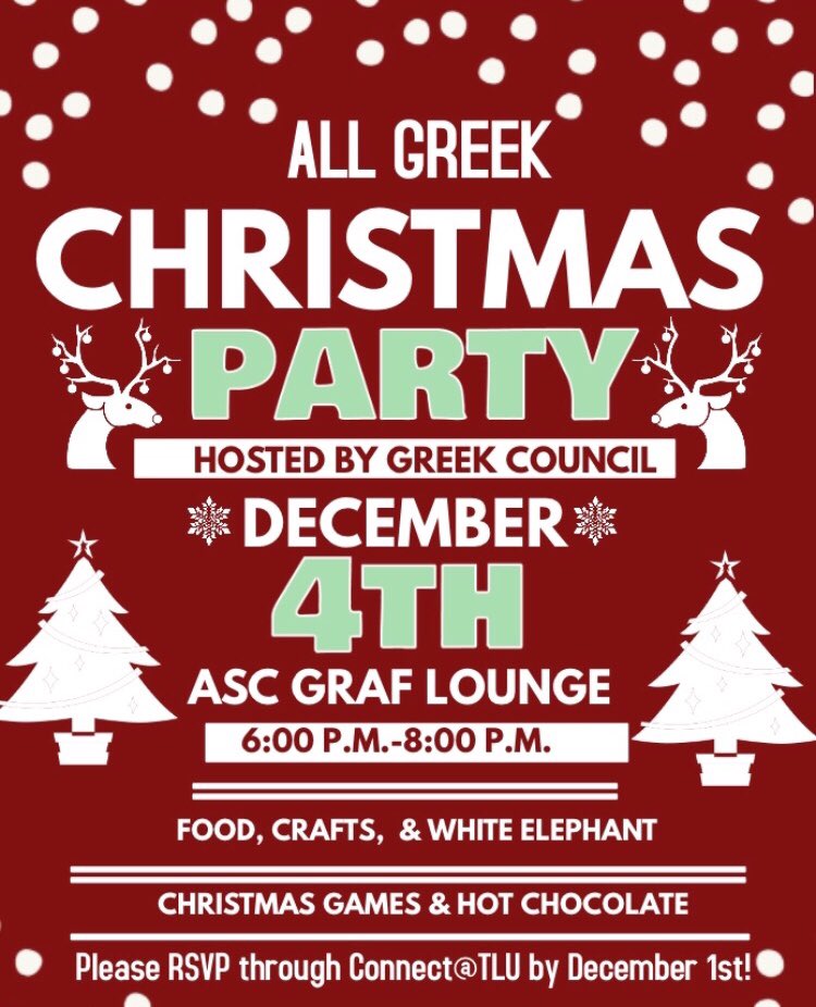 TLUGreekCouncil's tweet photo. Hey Greek Life!!! Don’t forget that there is a Christmas party on Monday! We will be making Greek gingerbread houses &amp; have a white elephant gift exchange! Please RSVP on Connect@TLU to ensure there is enough food! Hope to see you there! https://t.co/UfV9kk0Fi4