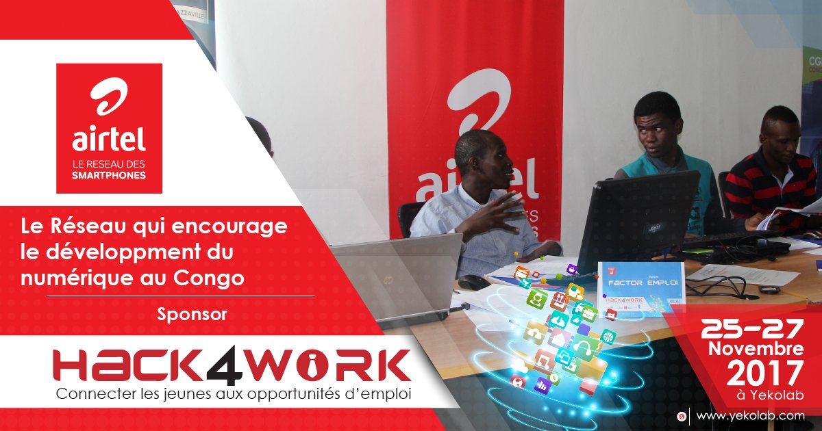 Yekolab's tweet photo. #Hack4work
@airtel_congob toujours au rendez-vous de la valorisation du génie créatif congolais. #SponsorHack4work. @airtel_congob. https://t.co/UPOG5yIaDt