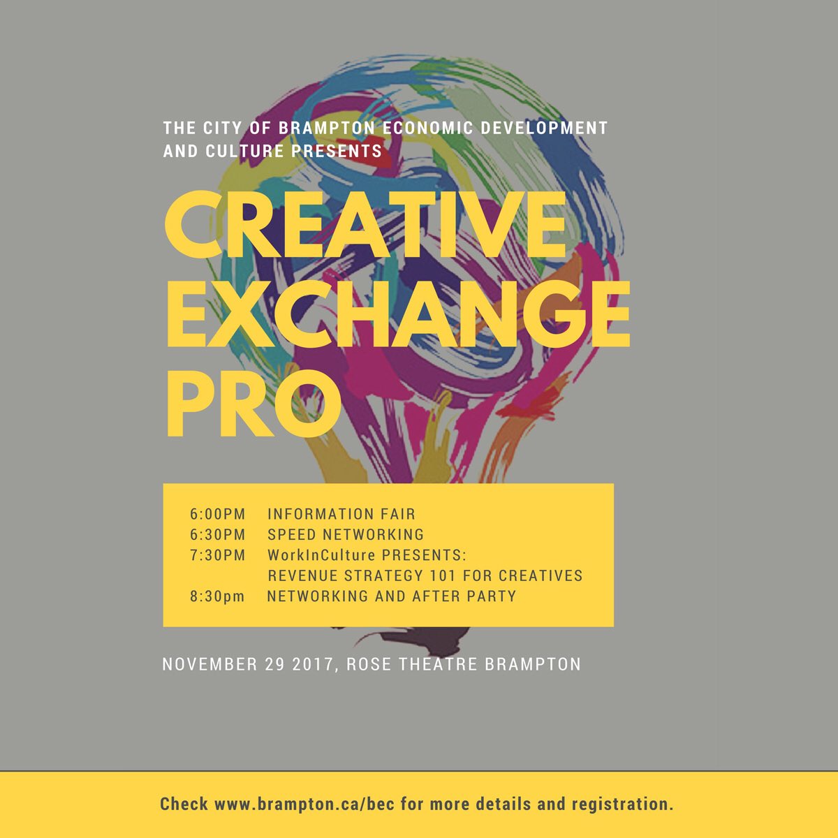 workinculture's tweet photo. We're heading to #Brampton today for Creative Exchange Pro. It will be a great evening of networking and learning. Come to our booth and say hello. cc.@CultureBrampton https://t.co/bu6eiG32jJ