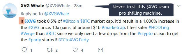 TheCryptoBull's tweet photo. Never trust this $XVG scam project's official shilling machine. He always uses "if, this, that" to shill #XVG scam and dump this #verge scam coins on the noobs. Care about your precious $BTC, never let those thugs rip you off so easily. #ScamAlert #XVGscam - $BTC $ETH $LTC https://t.co/a2AmsF8NlX