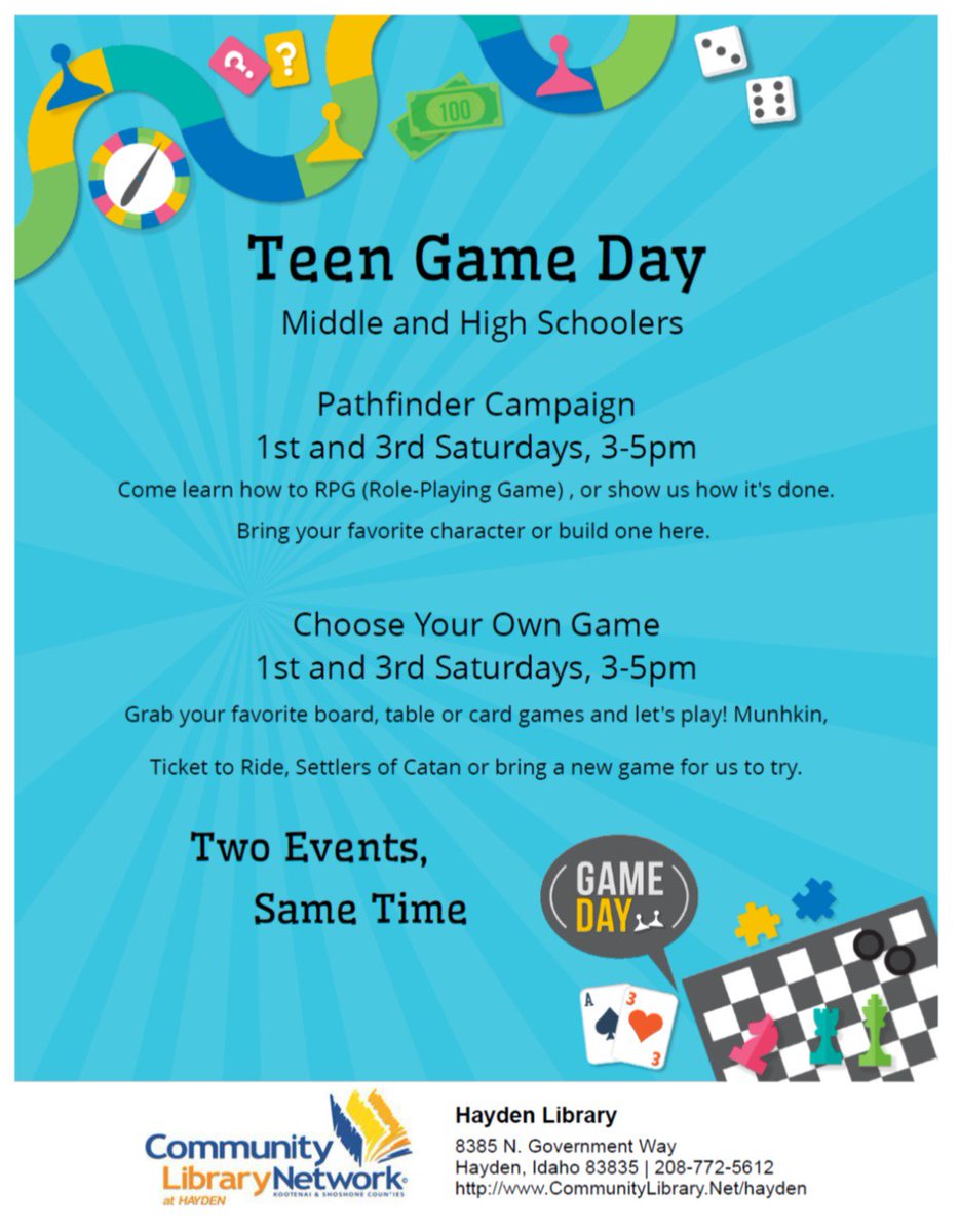EmerginTechNick's tweet photo. Teen Game Day is this Saturday again =D 1st and 3rd Saturdays, 3-5pm. Pathfinder Campaign and Bring Your Own Games! https://t.co/WQSsIgcpJr