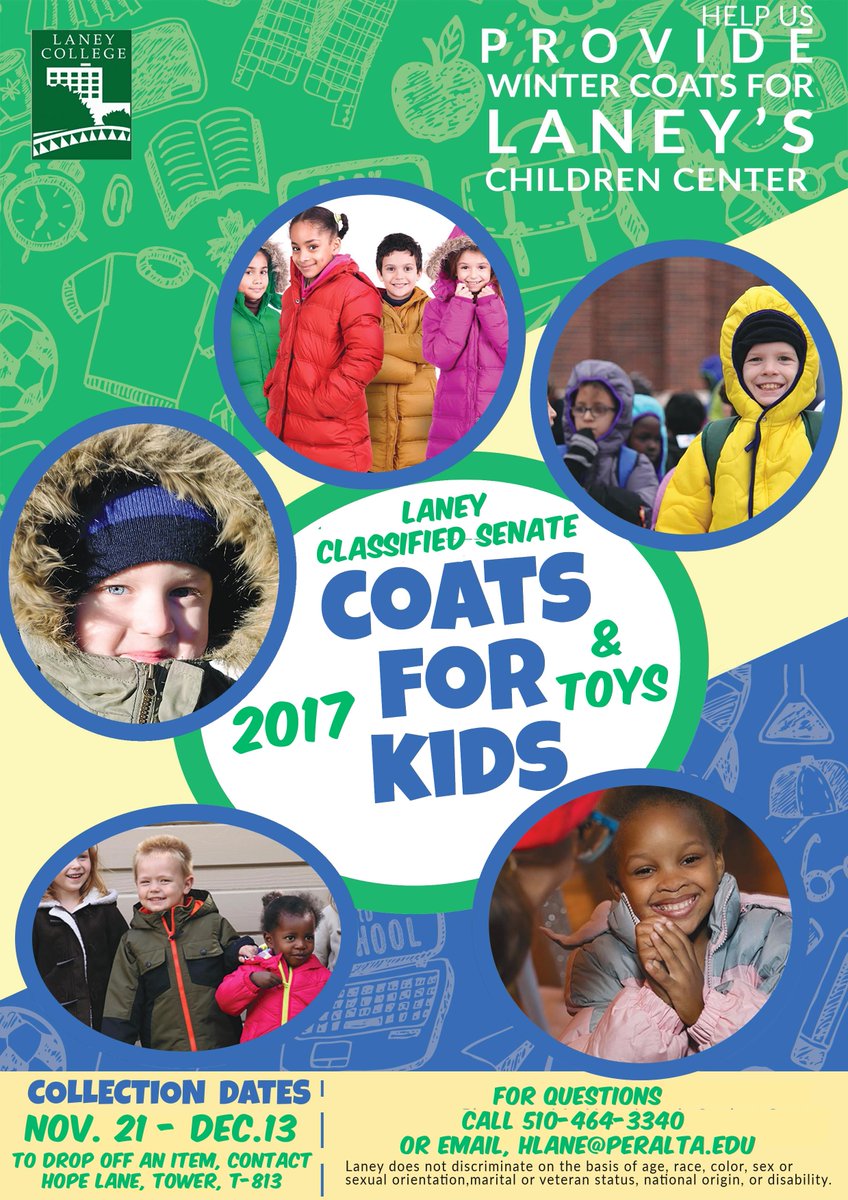 PeraltaColleges's tweet photo. The Laney Classified Senate cordially invites you to participate in The Laney Children’s Center Winter Coat and Toy Drive. https://t.co/wbKJEpMDis