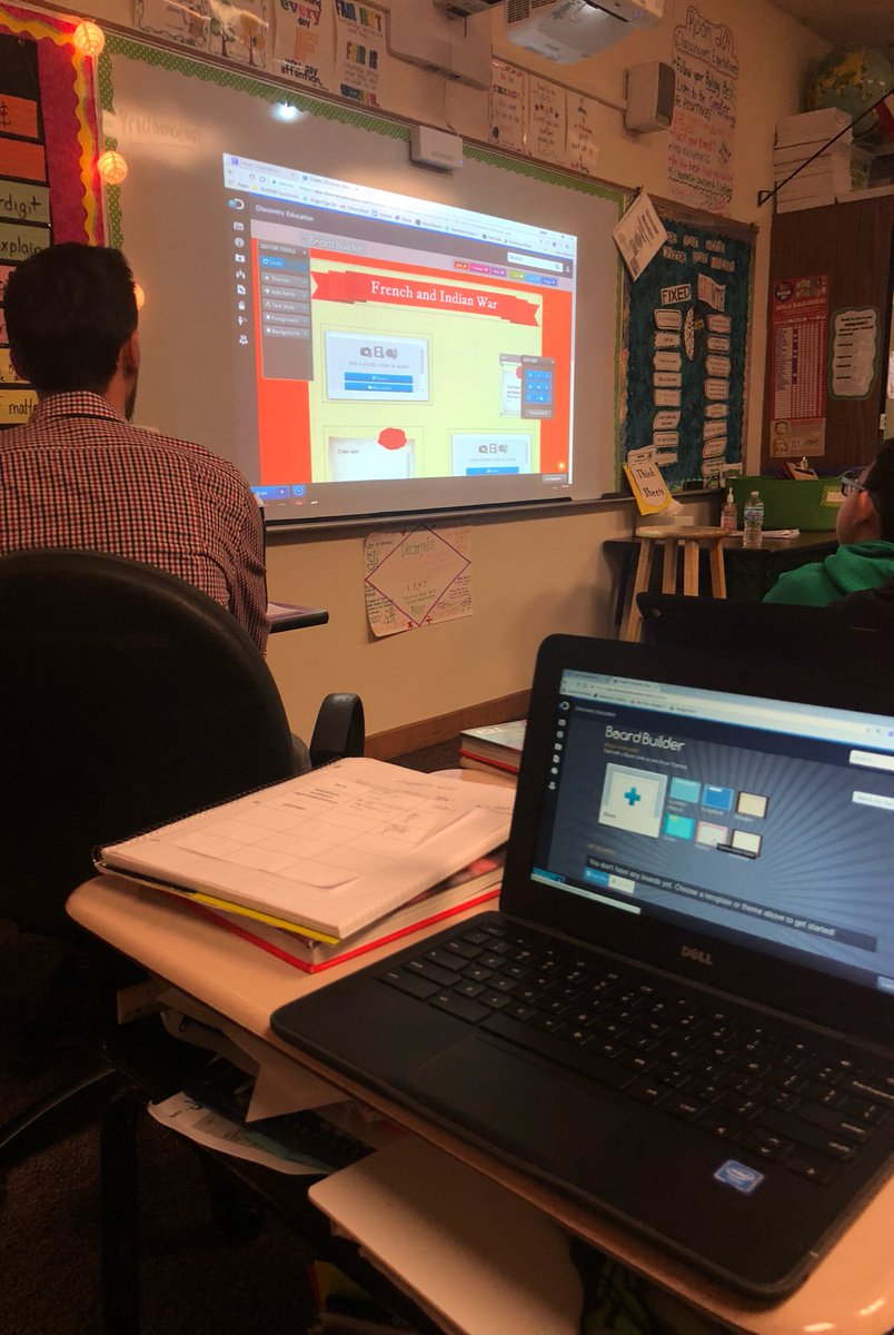 _MsPalucki's tweet photo. We love having @TechCoachTombs come to Room 204!! Thank you SO much @TechCoachTombs for coming in to show the 5th graders @DiscoveryEd! Students loved using #BoardBuilder to include facts, videos & images about the French & Indian War! #63success #SocialStuidesFun #NewTechTool 😊 https://t.co/7w73xOhApJ
