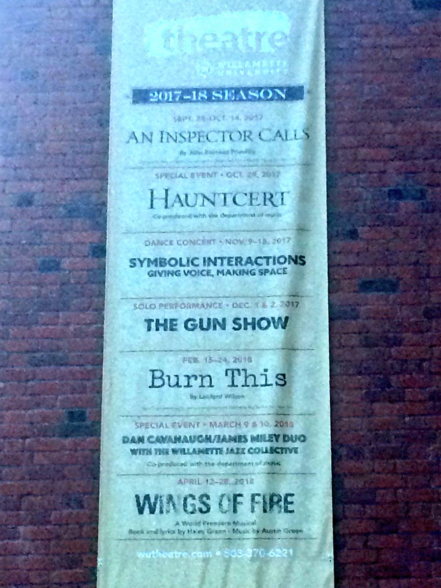 Now we’re in Salem, OR at #WillametteUniversity, @ellmarlew’s old stomping grounds to perform on Dec 1 &amp; 2. Get your tix!!! #theatre #gunsinamerica #gunstories #thegunshowplay #emlewis <a href="/vinshambry/">vin shambry</a> #solo #actor