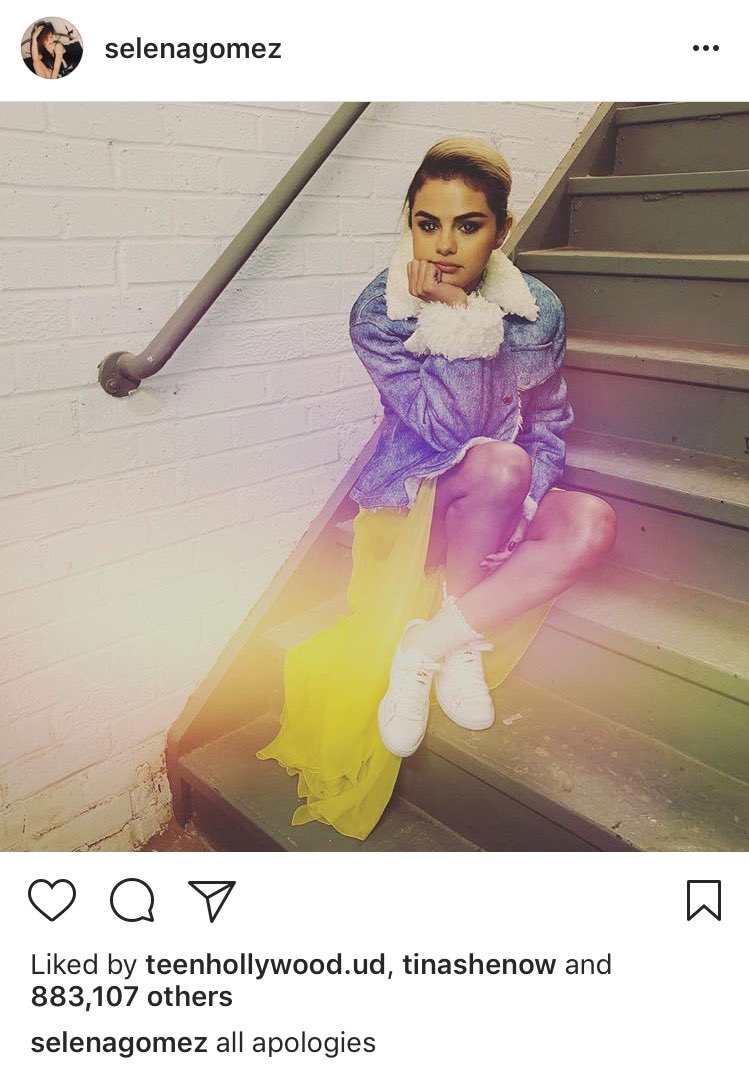 PopCrave's tweet photo. Selena Gomez seems to be teasing a Nirvana-inspired project on social media. The "All Apologies" written in her photos is the name of a Nirvana song and the "X" over her eyes resembles Nirvana's logo. https://t.co/elReuqIK3N