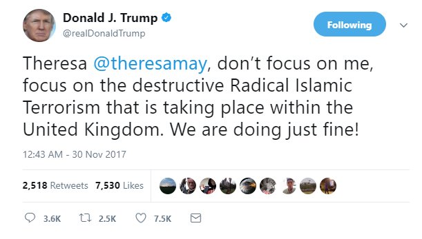 GerardBrady100's tweet photo. The best part about this is that a random woman called Theresa May Scrivener, with 6 followers. just received a diplomatic correspondence by tweet from the US President #Trump #TrumpTweets #specialrelationship https://t.co/tSpD1Io14t